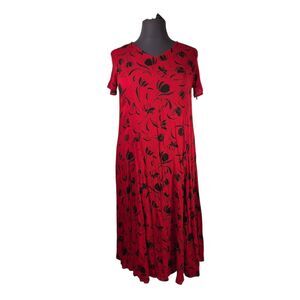 Woman Within Womens Maxi Dress Size M 14/16 Red Black Rayon Short Sleeve Crinkle
